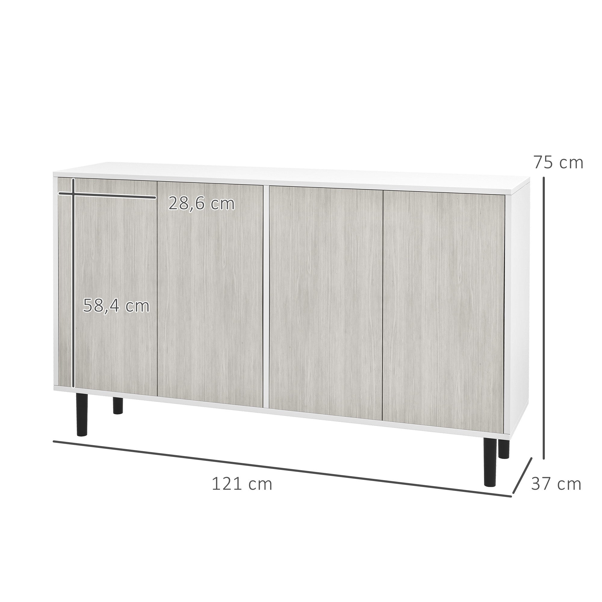 Buffet Kitchen Storage Cabinet with 2 Double Door Cabinets with Height-Adjustable Shelves, 121 x 37 x 75 cm, White and Woodgrain Gray