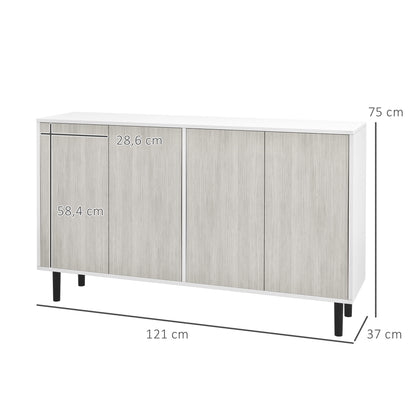 Buffet Kitchen Storage Cabinet with 2 Double Door Cabinets with Height-Adjustable Shelves, 121 x 37 x 75 cm, White and Woodgrain Gray