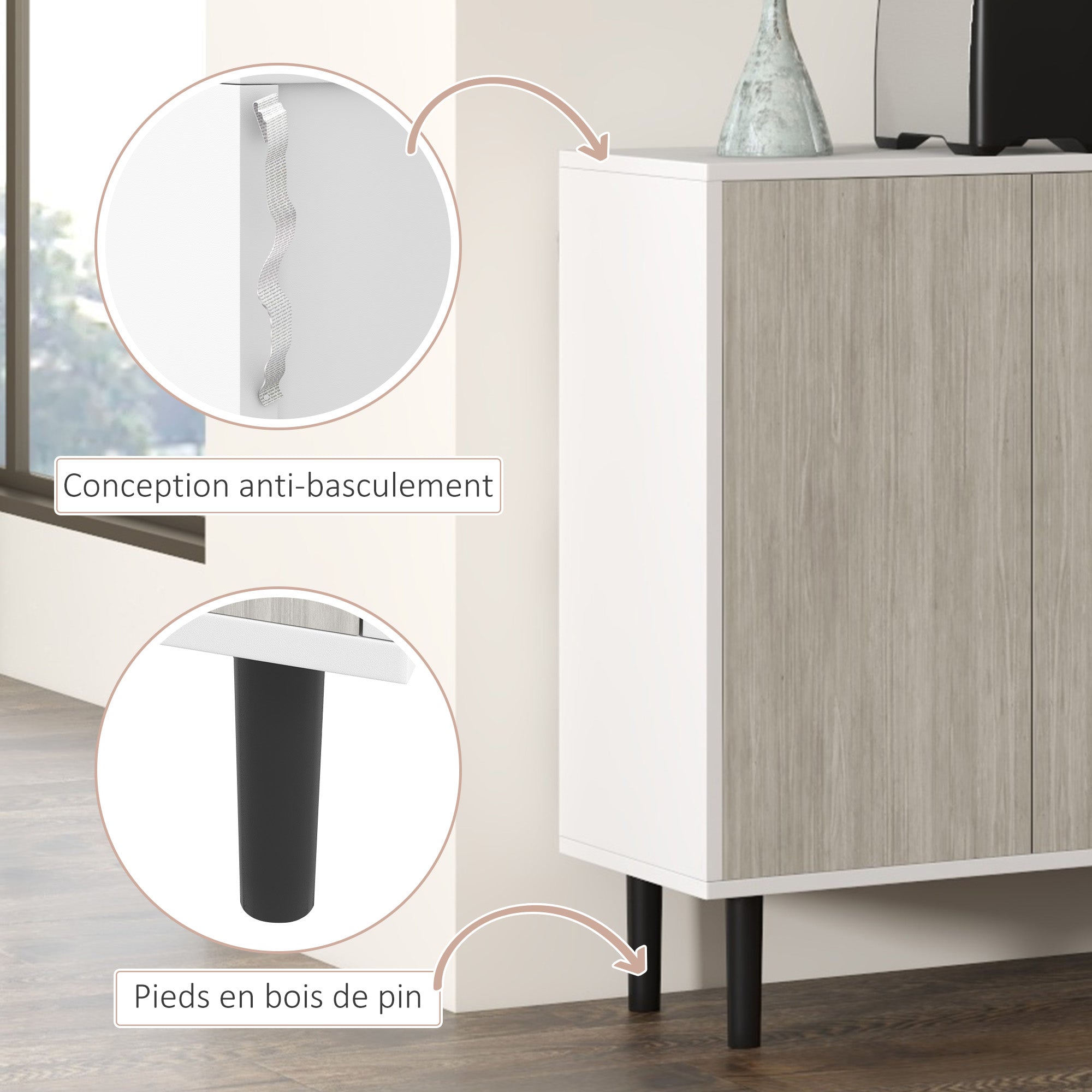 Buffet Kitchen Storage Cabinet with 2 Double Door Cabinets with Height-Adjustable Shelves, 121 x 37 x 75 cm, White and Woodgrain Gray
