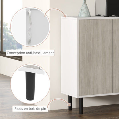 Buffet Kitchen Storage Cabinet with 2 Double Door Cabinets with Height-Adjustable Shelves, 121 x 37 x 75 cm, White and Woodgrain Gray