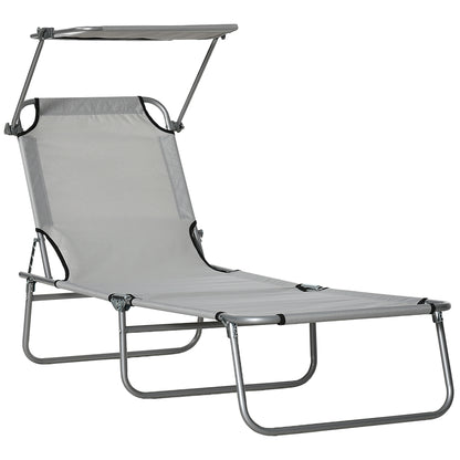 Folding Lounge Chair Outdoor Garden Recliner with Adjustable Canopy Removable Sun Shade Adjustable Backrest in 4 Levels for Terrace Pool Patio 187x58x36 cm Light Gray