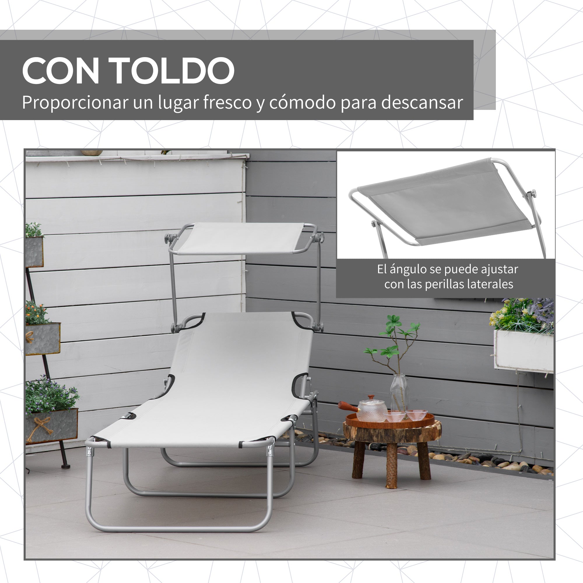 Folding Lounge Chair Outdoor Garden Recliner with Adjustable Canopy Removable Sun Shade Adjustable Backrest in 4 Levels for Terrace Pool Patio 187x58x36 cm Light Gray
