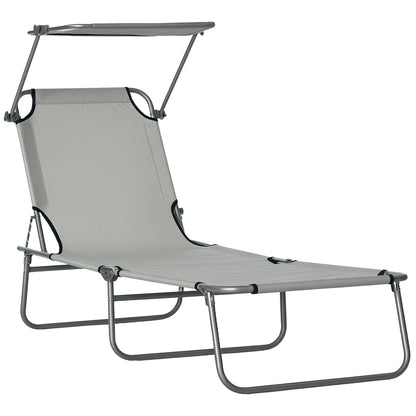 Folding Lounge Chair Outdoor Garden Recliner with Adjustable Canopy Removable Sun Shade Adjustable Backrest in 4 Levels for Terrace Pool Patio 187x58x36 cm Light Gray