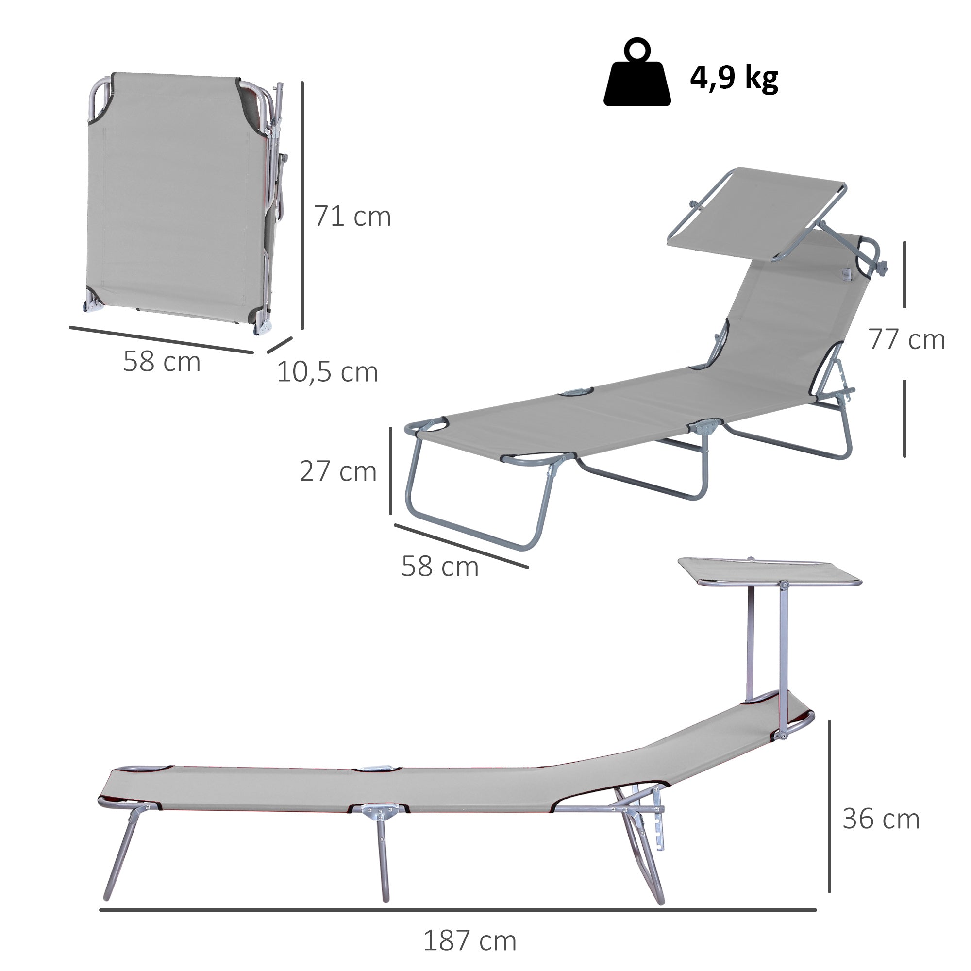 Folding Lounge Chair Outdoor Garden Recliner with Adjustable Canopy Removable Sun Shade Adjustable Backrest in 4 Levels for Terrace Pool Patio 187x58x36 cm Light Gray