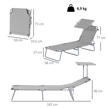 Folding Lounge Chair Outdoor Garden Recliner with Adjustable Canopy Removable Sun Shade Adjustable Backrest in 4 Levels for Terrace Pool Patio 187x58x36 cm Light Gray