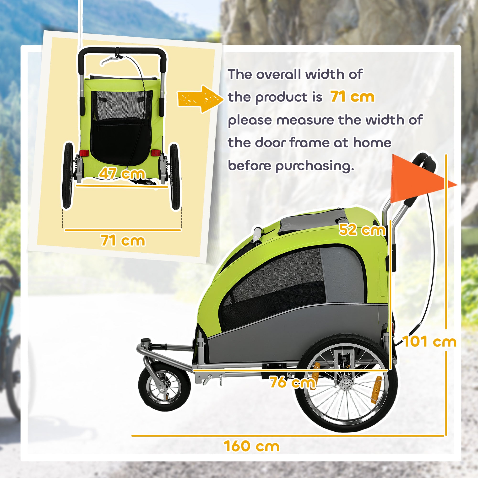 2-in-1 Dog Bike Trailer & Pet Stroller, Foldable with Suspension, Large Wheels, Mesh Windows, Hand Brake, Reflectors & Safety Flag, Green — For Medium Dogs & Cats up to 44 lb (20 kg)