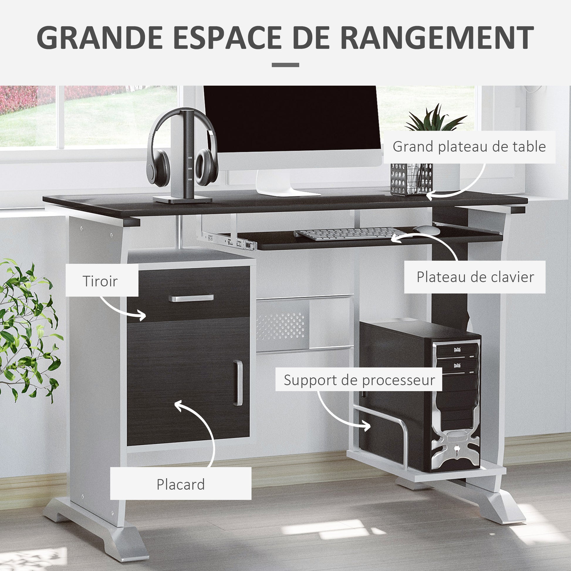 Contemporary Computer Desk 100L x 52W x 75H cm Black Walnut and White