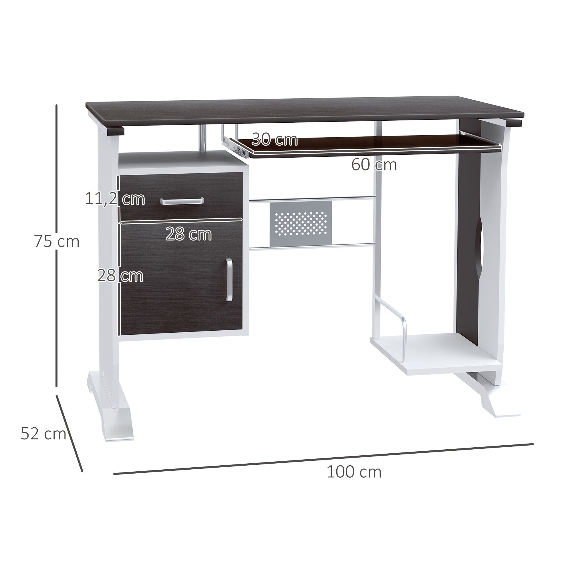 Contemporary Computer Desk 100L x 52W x 75H cm Black Walnut and White