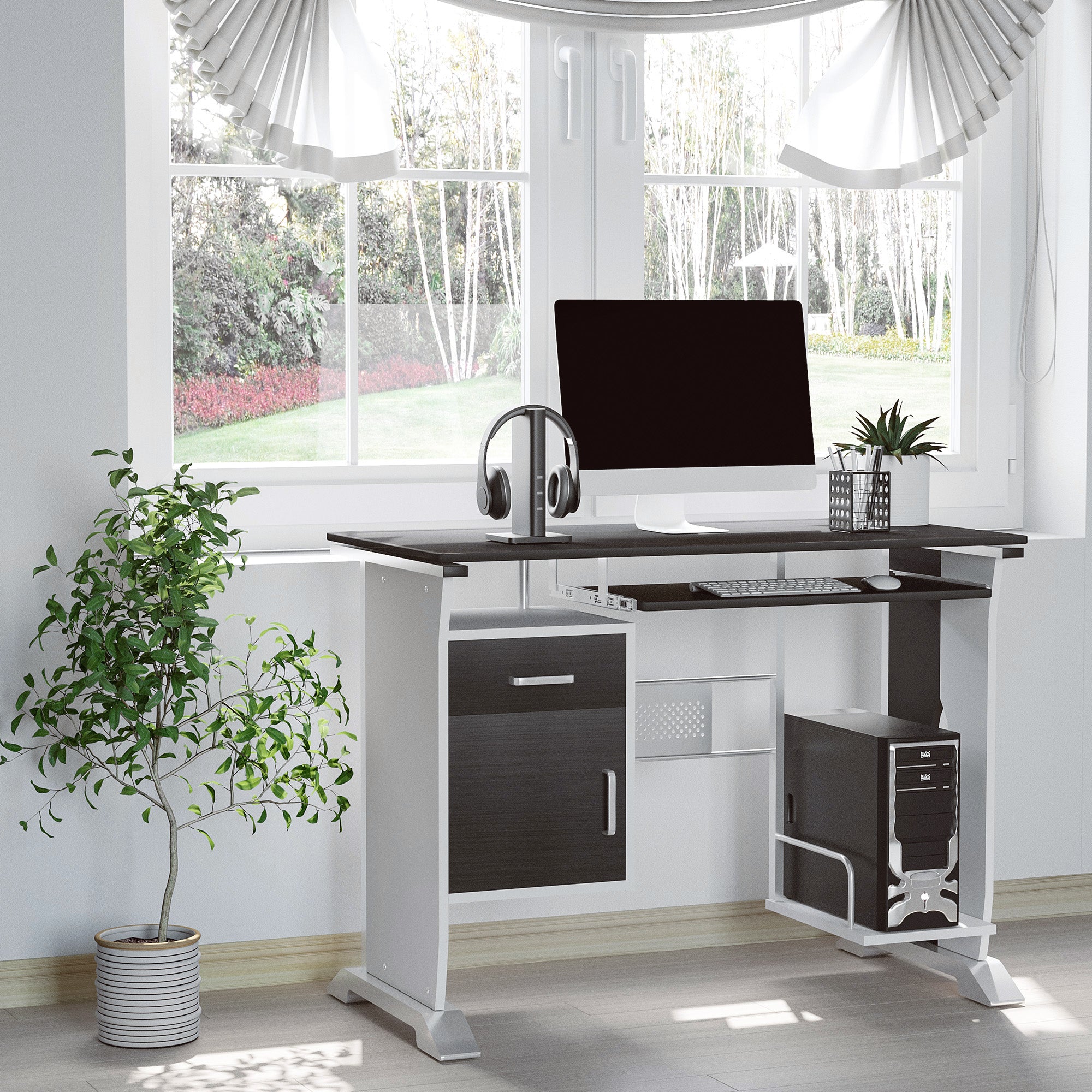 Contemporary Computer Desk 100L x 52W x 75H cm Black Walnut and White