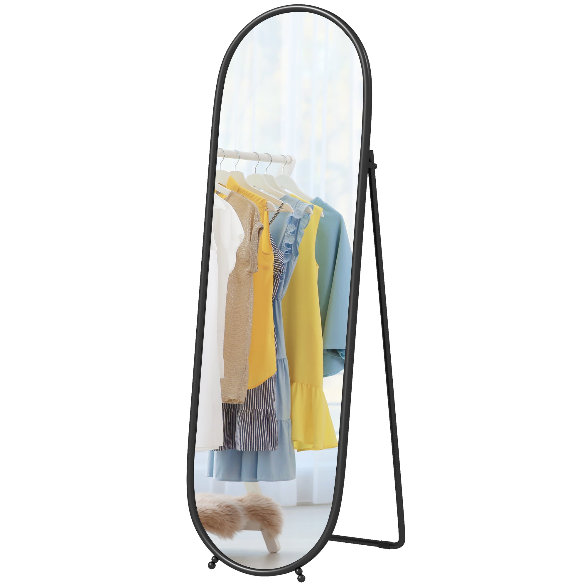 Full-Length Mirror, 160 x 40 cm Wall Mirror with Stand, Metal Frame, Oval Floor Mirror for Living Room, Bedroom, Black