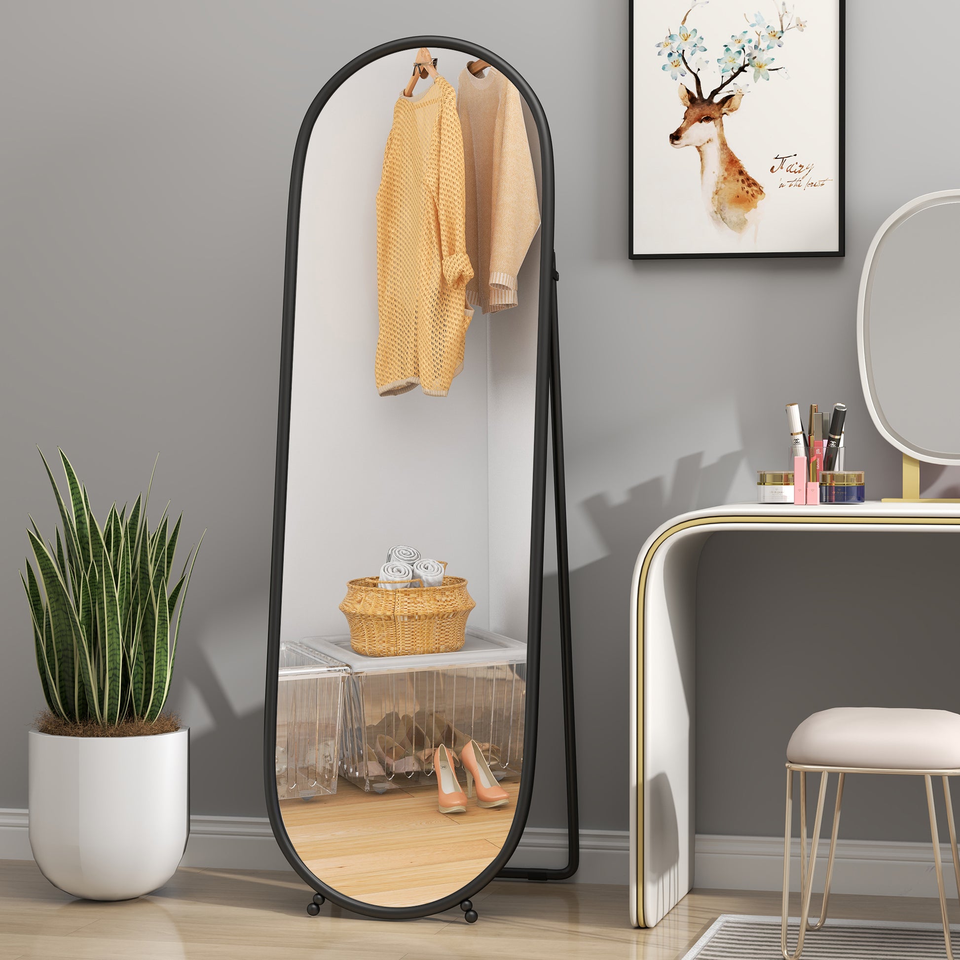 Full-Length Mirror, 160 x 40 cm Wall Mirror with Stand, Metal Frame, Oval Floor Mirror for Living Room, Bedroom, Black