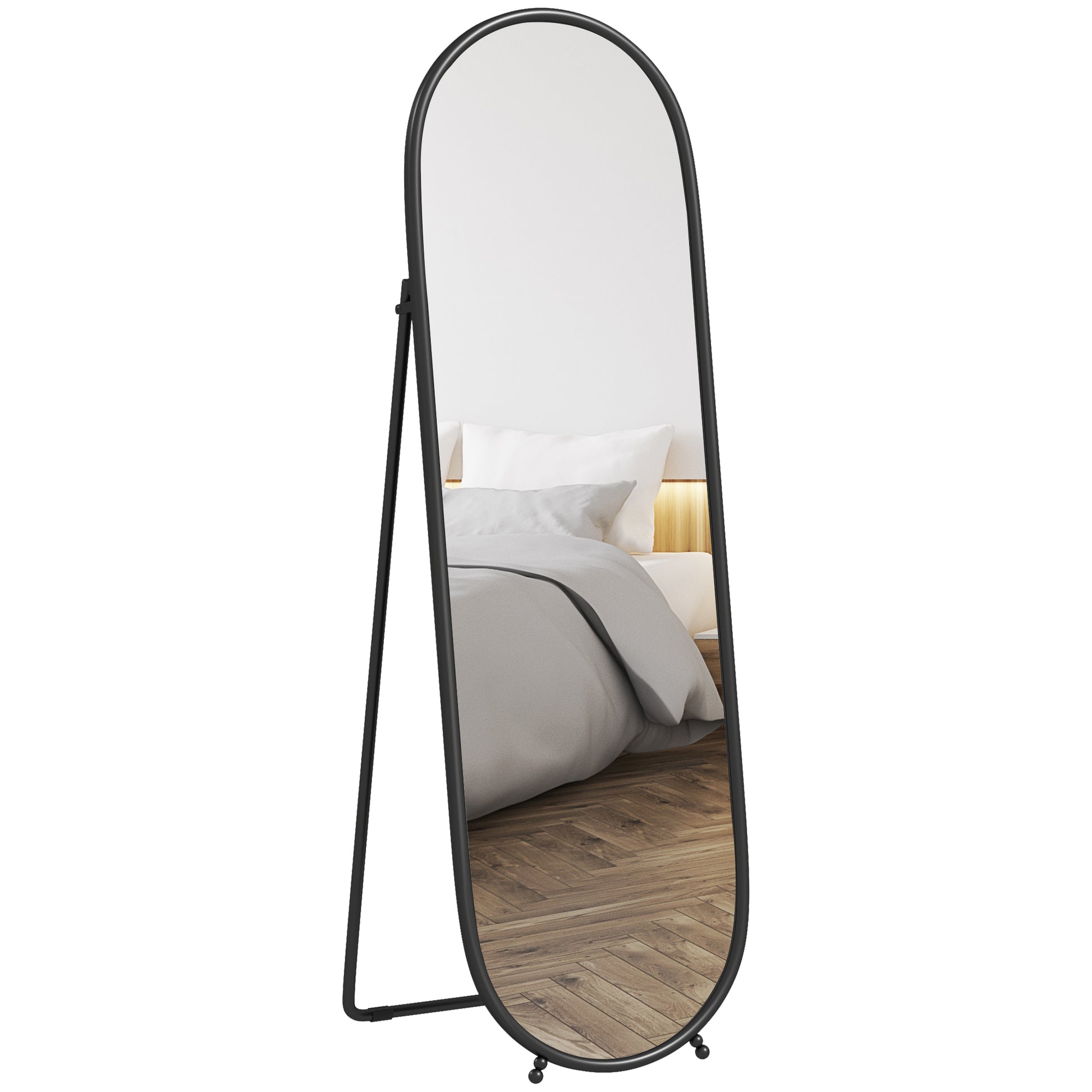 Full-Length Mirror, 160 x 40 cm Wall Mirror with Stand, Metal Frame, Oval Floor Mirror for Living Room, Bedroom, Black