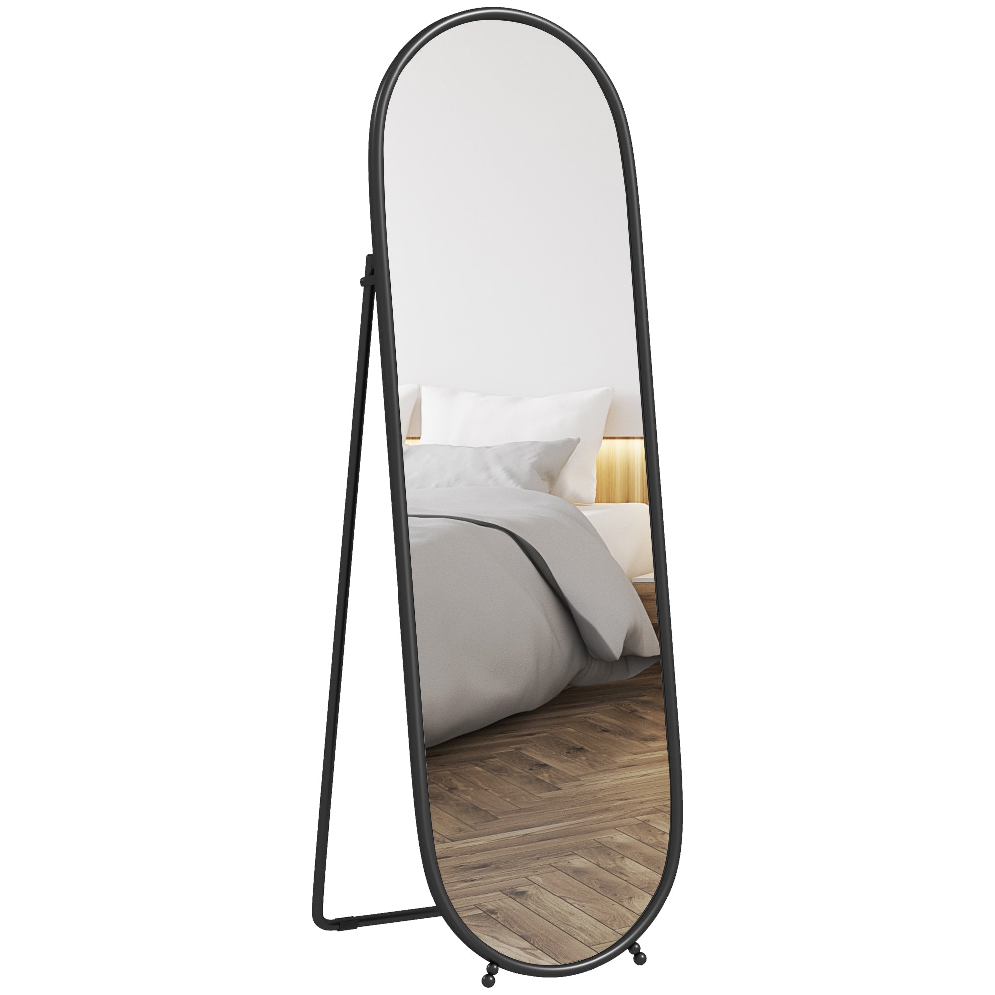 Full-Length Mirror, 160 x 40 cm Wall Mirror with Stand, Metal Frame, Oval Floor Mirror for Living Room, Bedroom, Black