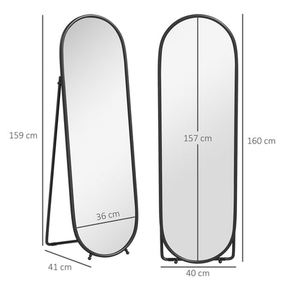 Full-Length Mirror, 160 x 40 cm Wall Mirror with Stand, Metal Frame, Oval Floor Mirror for Living Room, Bedroom, Black