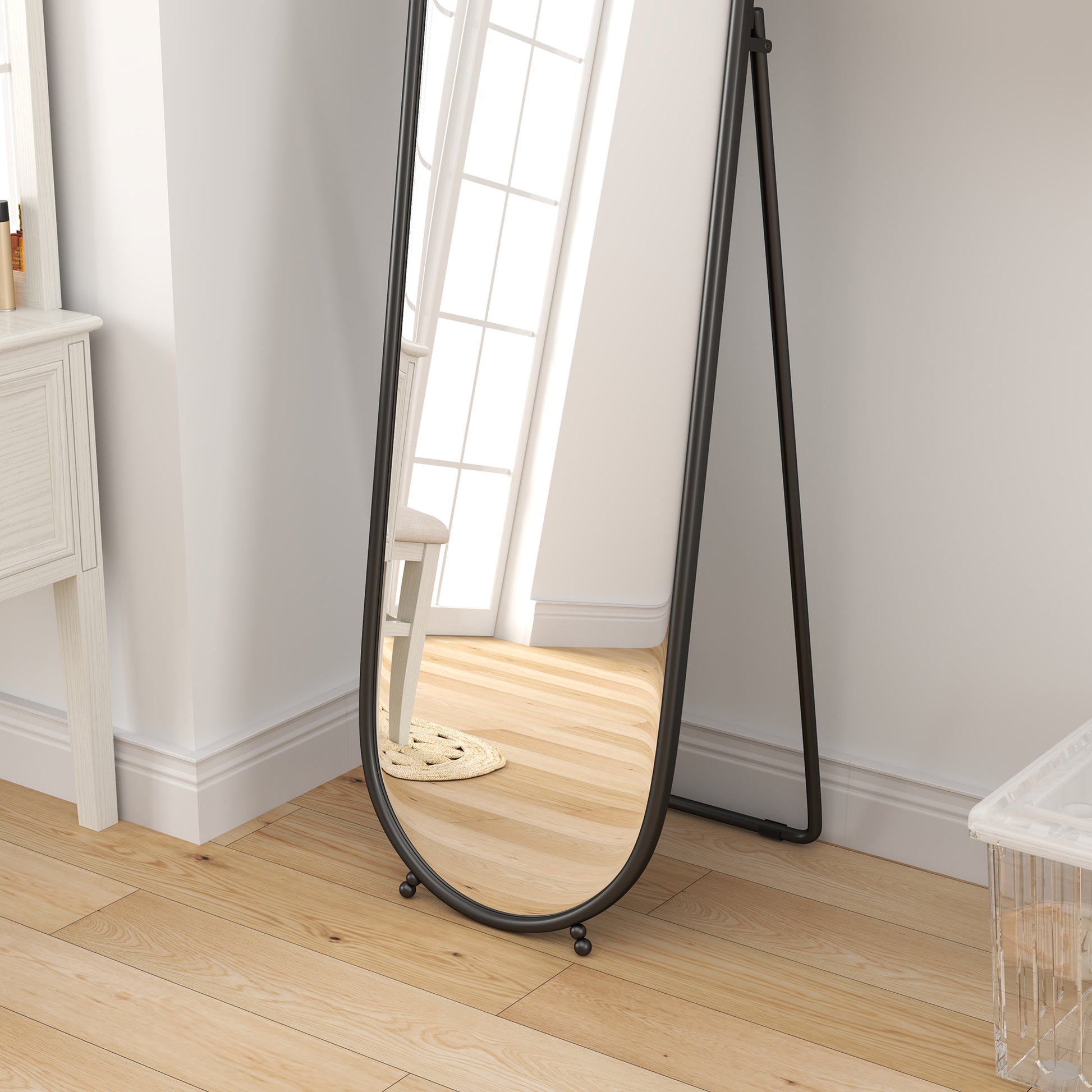 Full-Length Mirror, 160 x 40 cm Wall Mirror with Stand, Metal Frame, Oval Floor Mirror for Living Room, Bedroom, Black