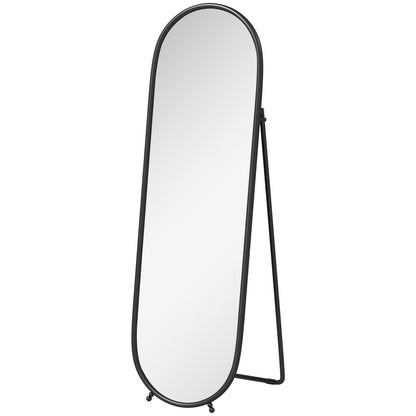 Full-Length Mirror, 160 x 40 cm Wall Mirror with Stand, Metal Frame, Oval Floor Mirror for Living Room, Bedroom, Black