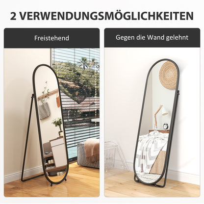 Full-Length Mirror, 160 x 40 cm Wall Mirror with Stand, Metal Frame, Oval Floor Mirror for Living Room, Bedroom, Black