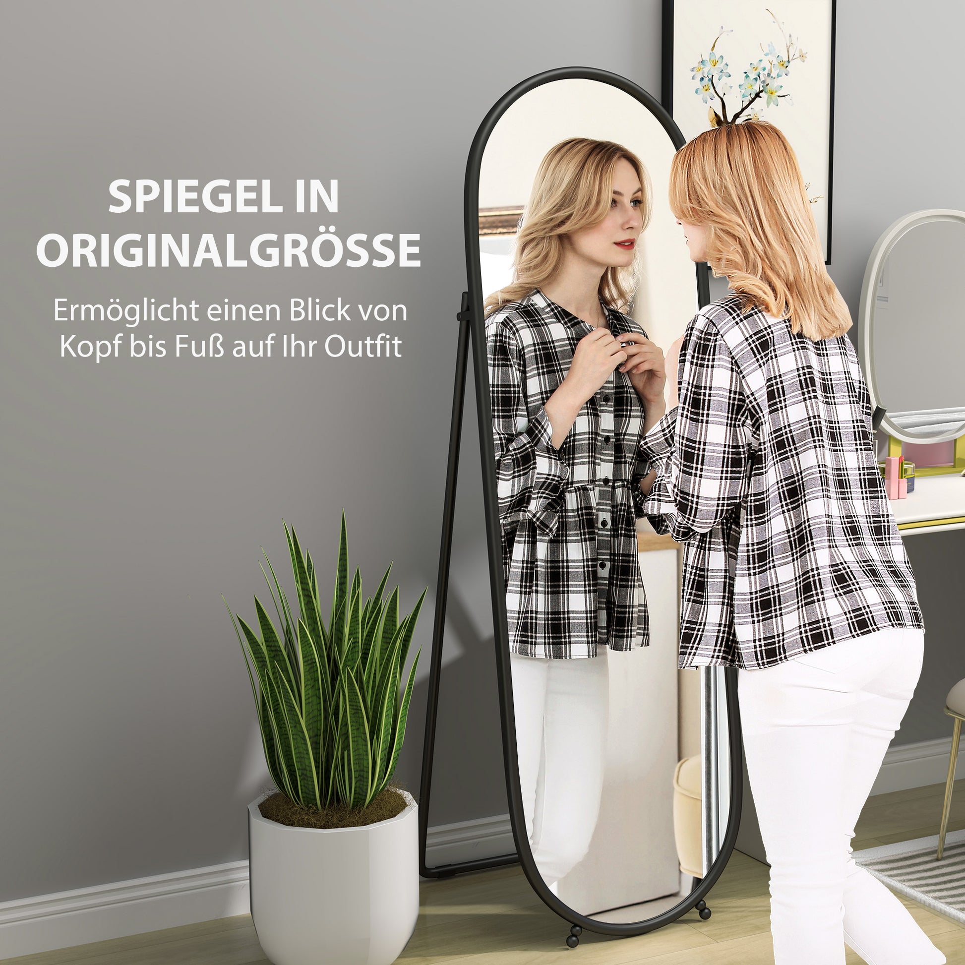 Full-Length Mirror, 160 x 40 cm Wall Mirror with Stand, Metal Frame, Oval Floor Mirror for Living Room, Bedroom, Black