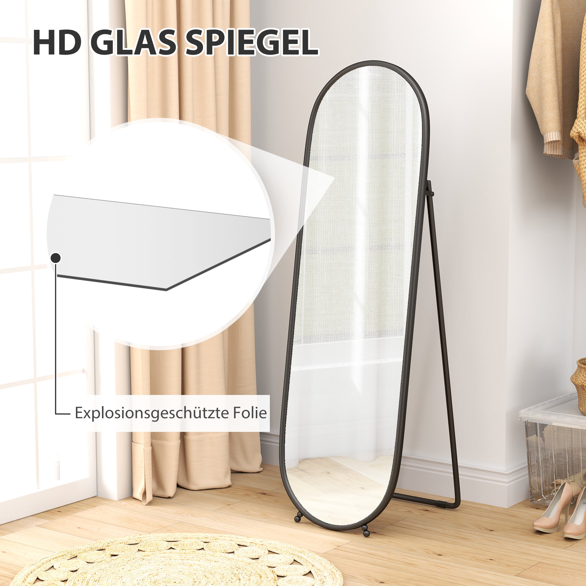 Full-Length Mirror, 160 x 40 cm Wall Mirror with Stand, Metal Frame, Oval Floor Mirror for Living Room, Bedroom, Black