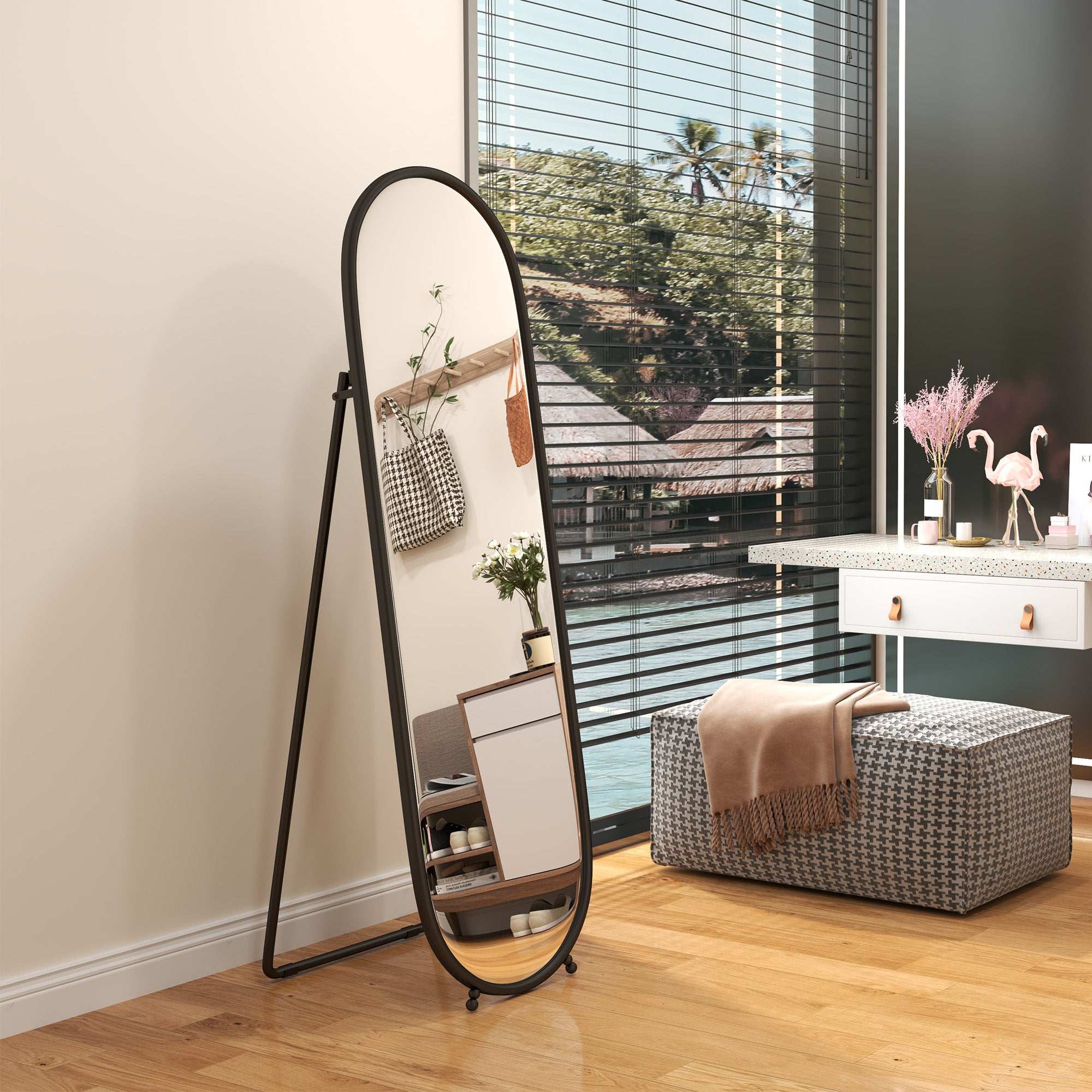 Full-Length Mirror, 160 x 40 cm Wall Mirror with Stand, Metal Frame, Oval Floor Mirror for Living Room, Bedroom, Black