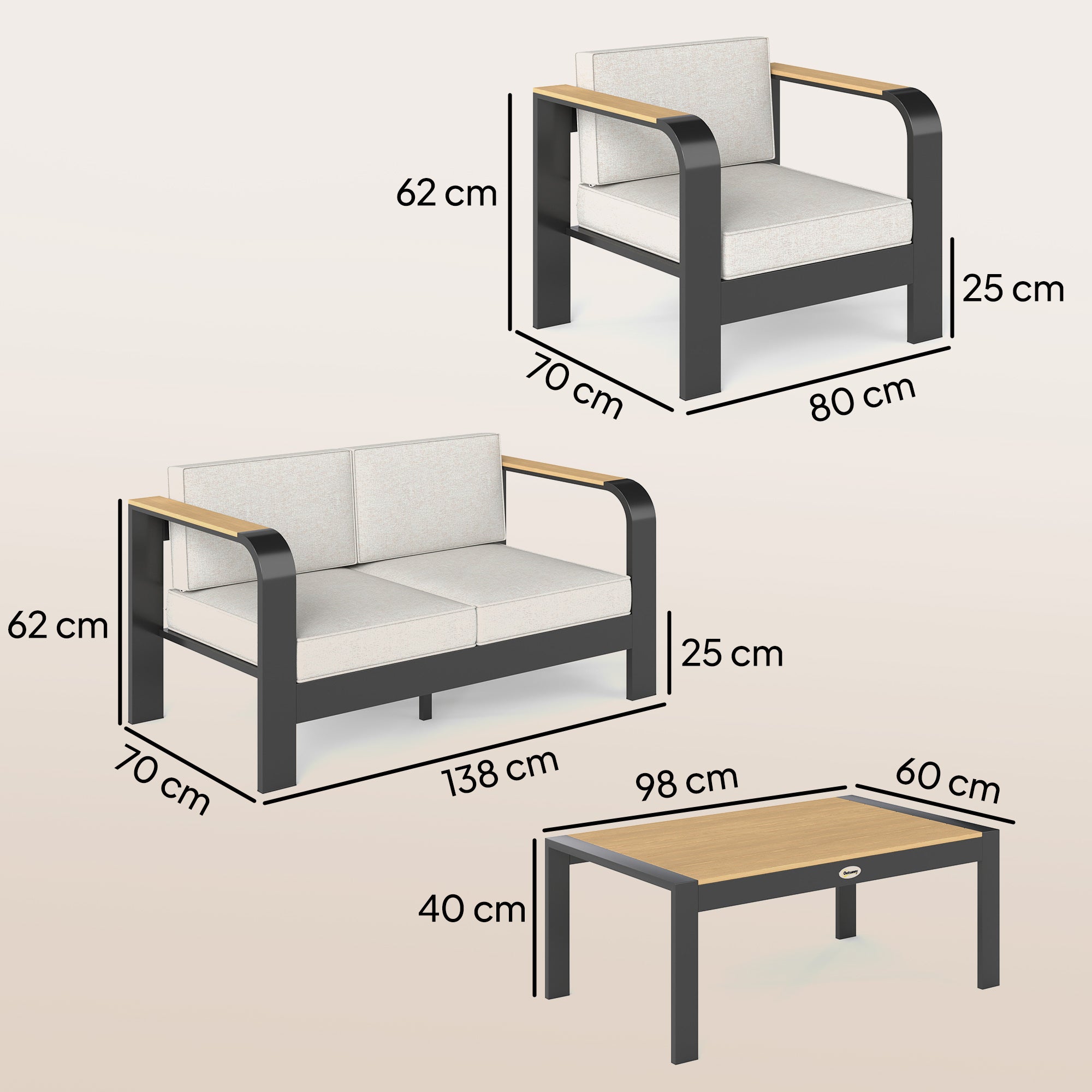 4-Piece Aluminum Garden Lounge Set for 4 — Water-Resistant, Extra-Deep Seating with 2-Seat Sofa, 2 Chairs & Coffee Table, Beige