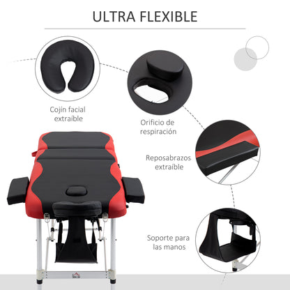 Folding and Portable Massage Table 210x81x62-85 cm Height Adjustable with Headrest and Armrest for Tattoo Physiotherapy Black and Red