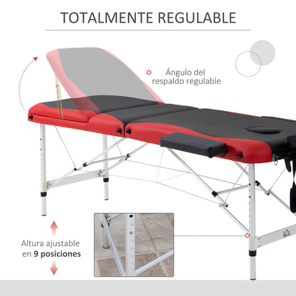 Folding and Portable Massage Table 210x81x62-85 cm Height Adjustable with Headrest and Armrest for Tattoo Physiotherapy Black and Red