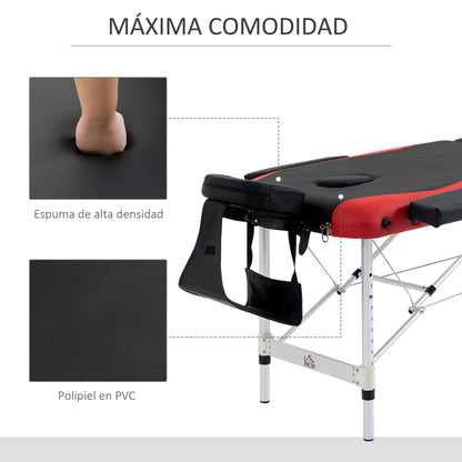 Folding and Portable Massage Table 210x81x62-85 cm Height Adjustable with Headrest and Armrest for Tattoo Physiotherapy Black and Red