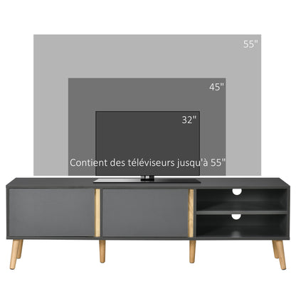 TV Stand TV Bench for up to 55-Inch TV Scandinavian Design 2 Doors 2 Shelves with Cable Management 150 x 35 x 45 cm Dark Grey