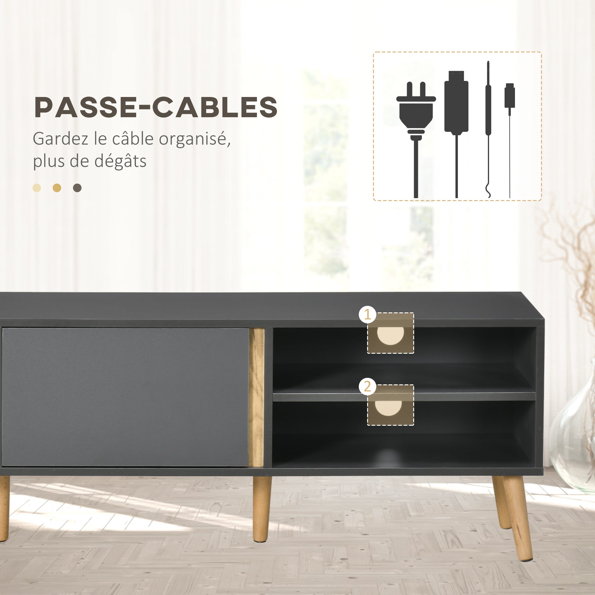 TV Stand TV Bench for up to 55-Inch TV Scandinavian Design 2 Doors 2 Shelves with Cable Management 150 x 35 x 45 cm Dark Grey