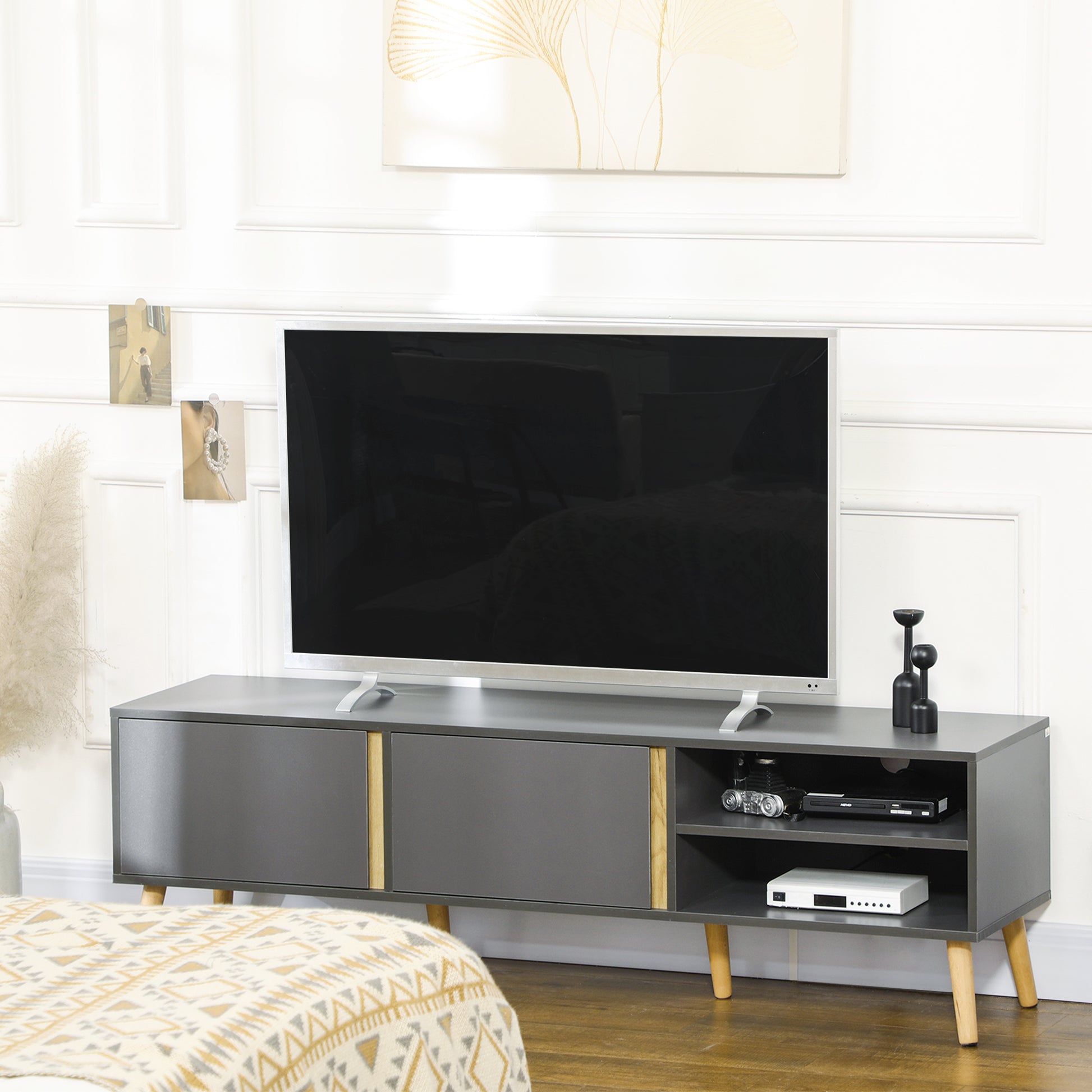 TV Stand TV Bench for up to 55-Inch TV Scandinavian Design 2 Doors 2 Shelves with Cable Management 150 x 35 x 45 cm Dark Grey