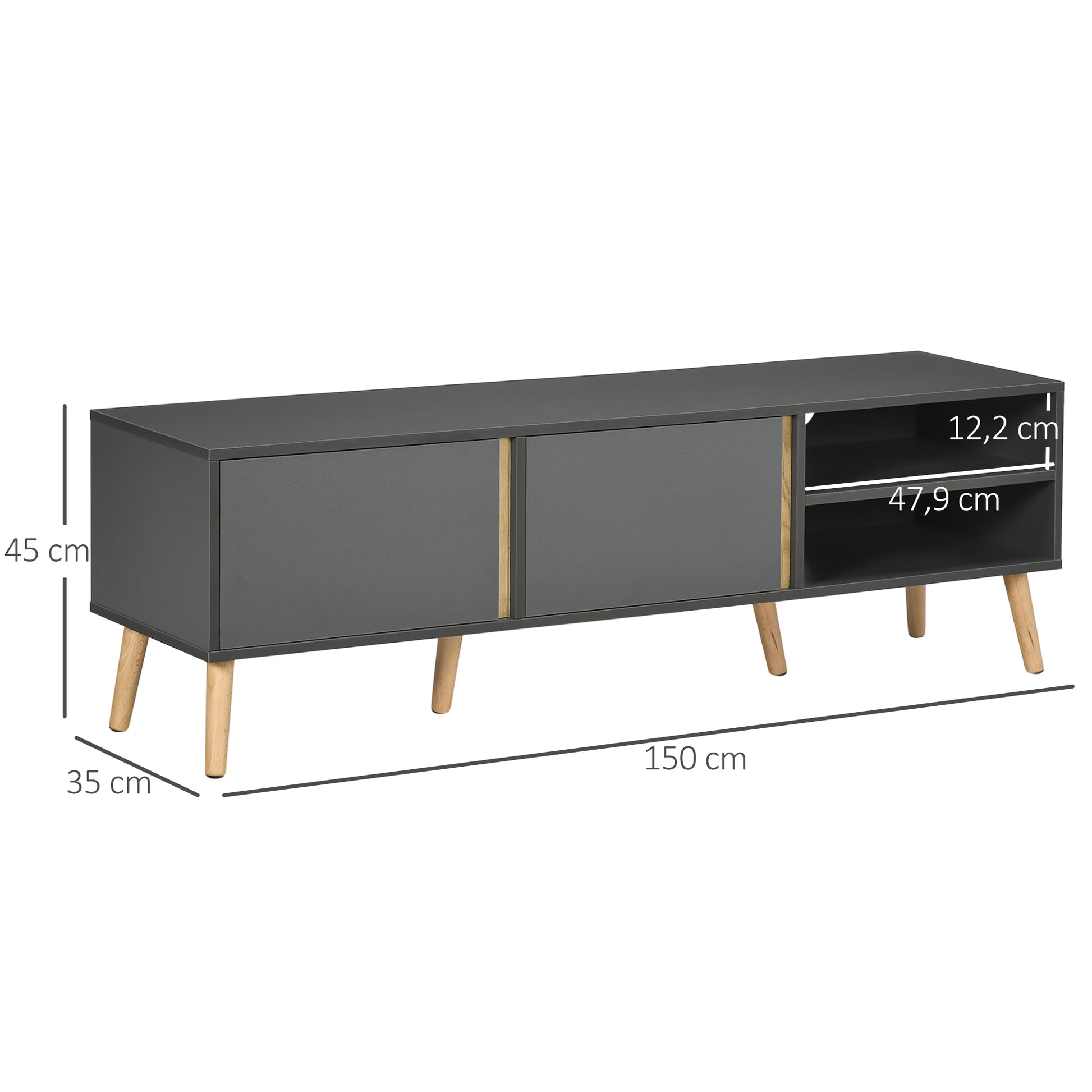 TV Stand TV Bench for up to 55-Inch TV Scandinavian Design 2 Doors 2 Shelves with Cable Management 150 x 35 x 45 cm Dark Grey