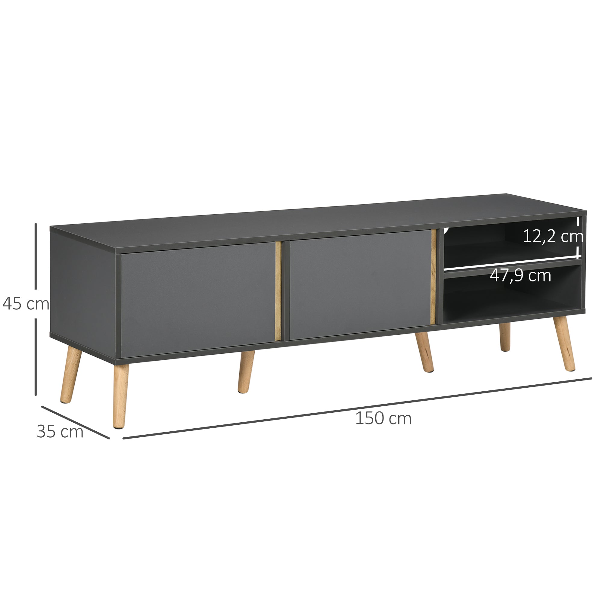 TV Stand TV Bench for up to 55-Inch TV Scandinavian Design 2 Doors 2 Shelves with Cable Management 150 x 35 x 45 cm Dark Grey