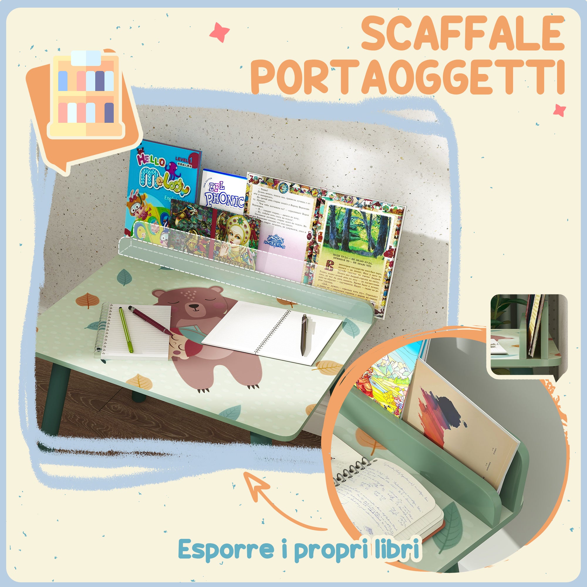 Kids Table and Chair Set with Storage Shelf, School Desk and Chair in MDF and Pine Wood, for Bedroom, Playroom, Nursery, Green