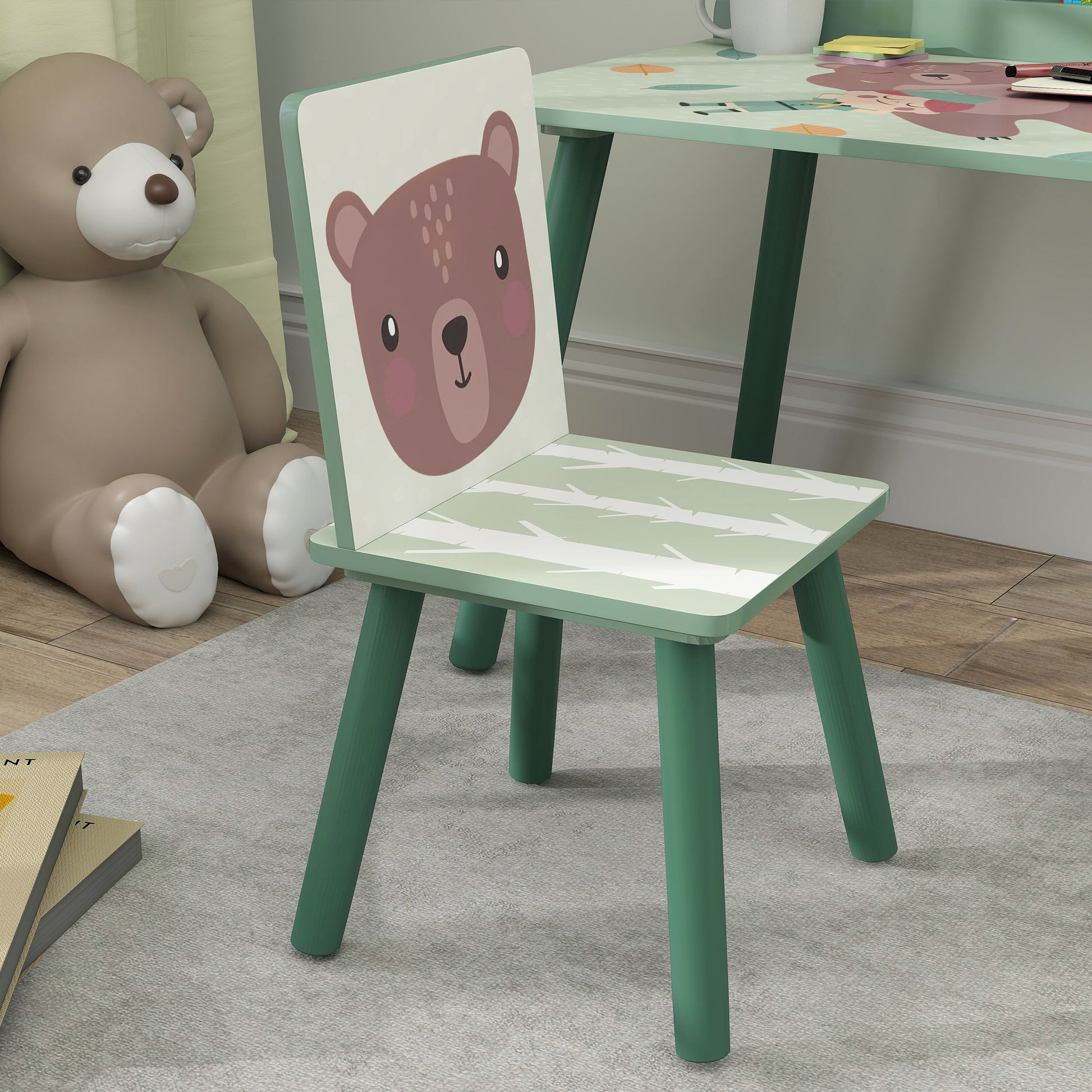 Kids Table and Chair Set with Storage Shelf, School Desk and Chair in MDF and Pine Wood, for Bedroom, Playroom, Nursery, Green