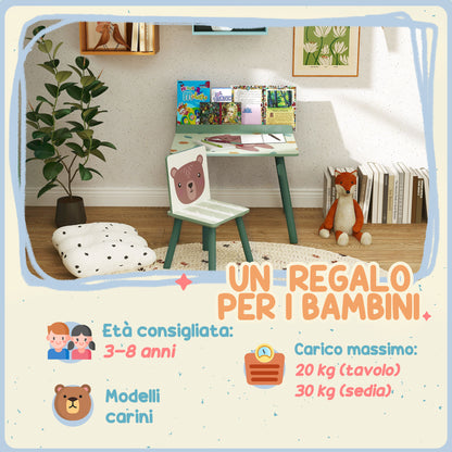 Kids Table and Chair Set with Storage Shelf, School Desk and Chair in MDF and Pine Wood, for Bedroom, Playroom, Nursery, Green
