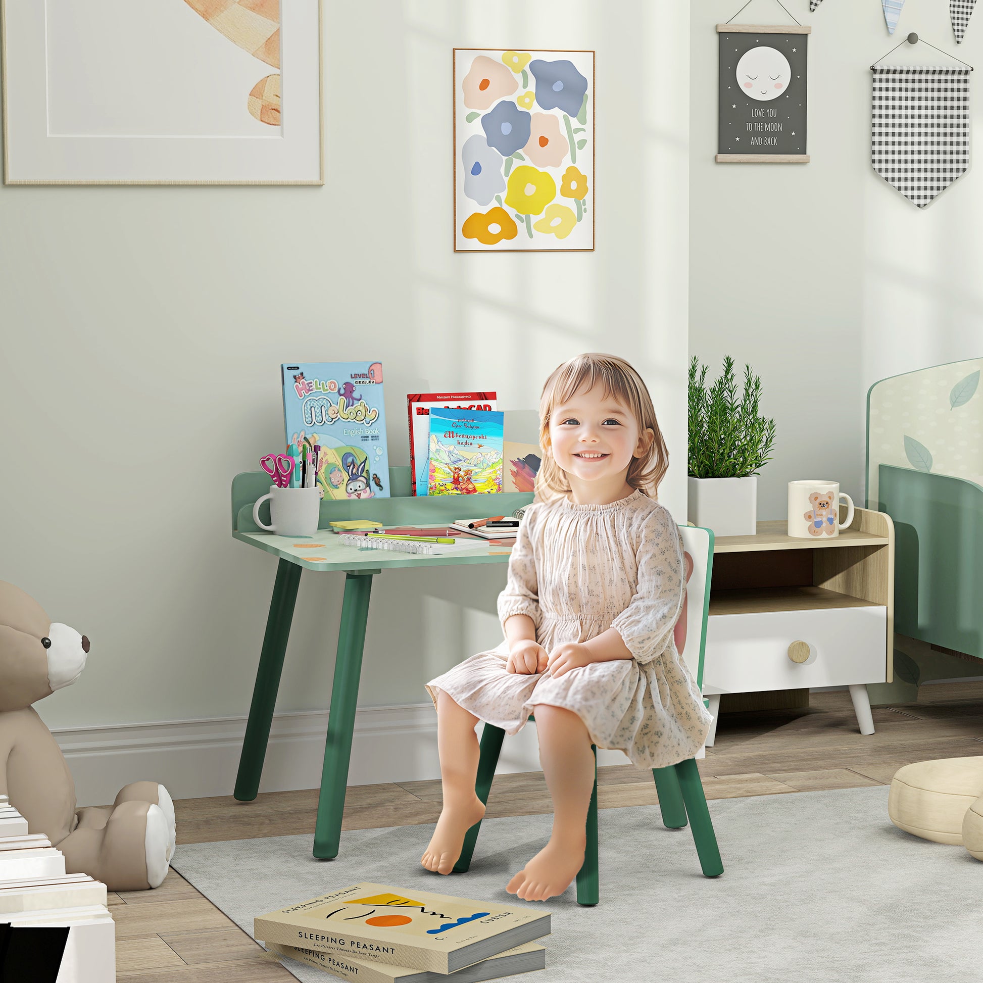 Kids Table and Chair Set with Storage Shelf, School Desk and Chair in MDF and Pine Wood, for Bedroom, Playroom, Nursery, Green