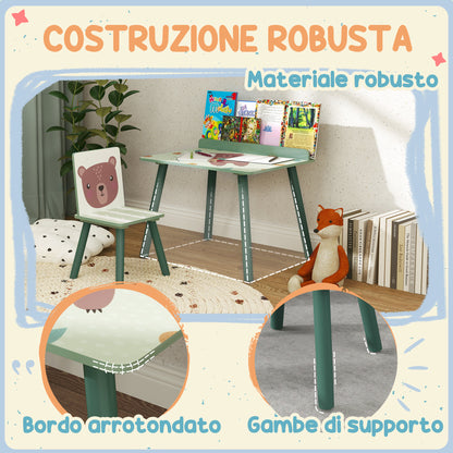 Kids Table and Chair Set with Storage Shelf, School Desk and Chair in MDF and Pine Wood, for Bedroom, Playroom, Nursery, Green