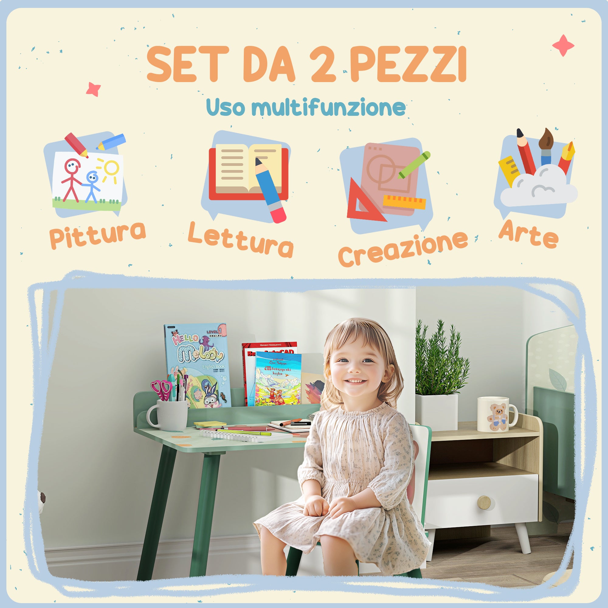 Kids Table and Chair Set with Storage Shelf, School Desk and Chair in MDF and Pine Wood, for Bedroom, Playroom, Nursery, Green