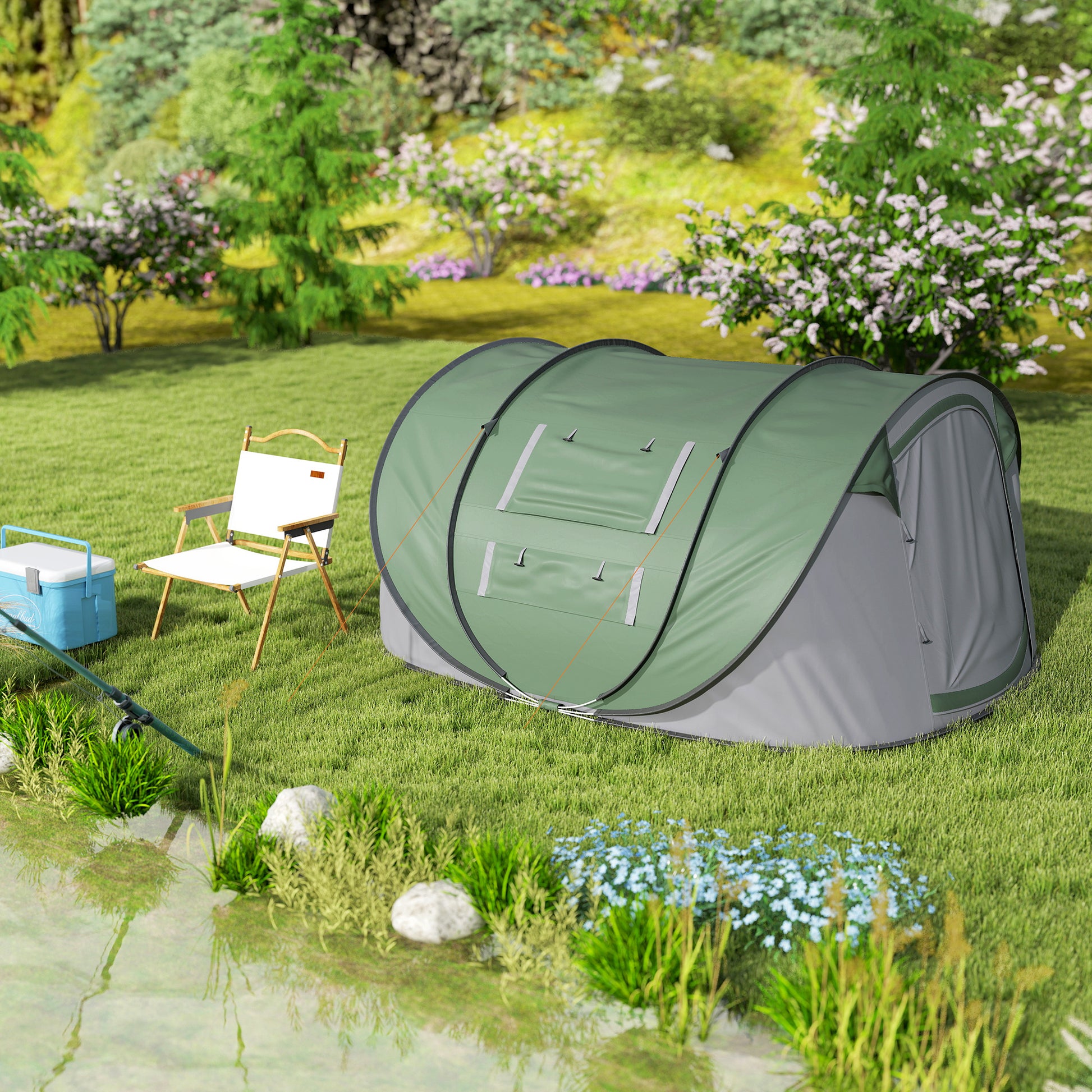4-5 Person Pop Up Camping Tent Instant Tent with Windows Pockets and Waterproof UV-Resistant Carrying Bag 263.5x220x123 cm Green and Gray