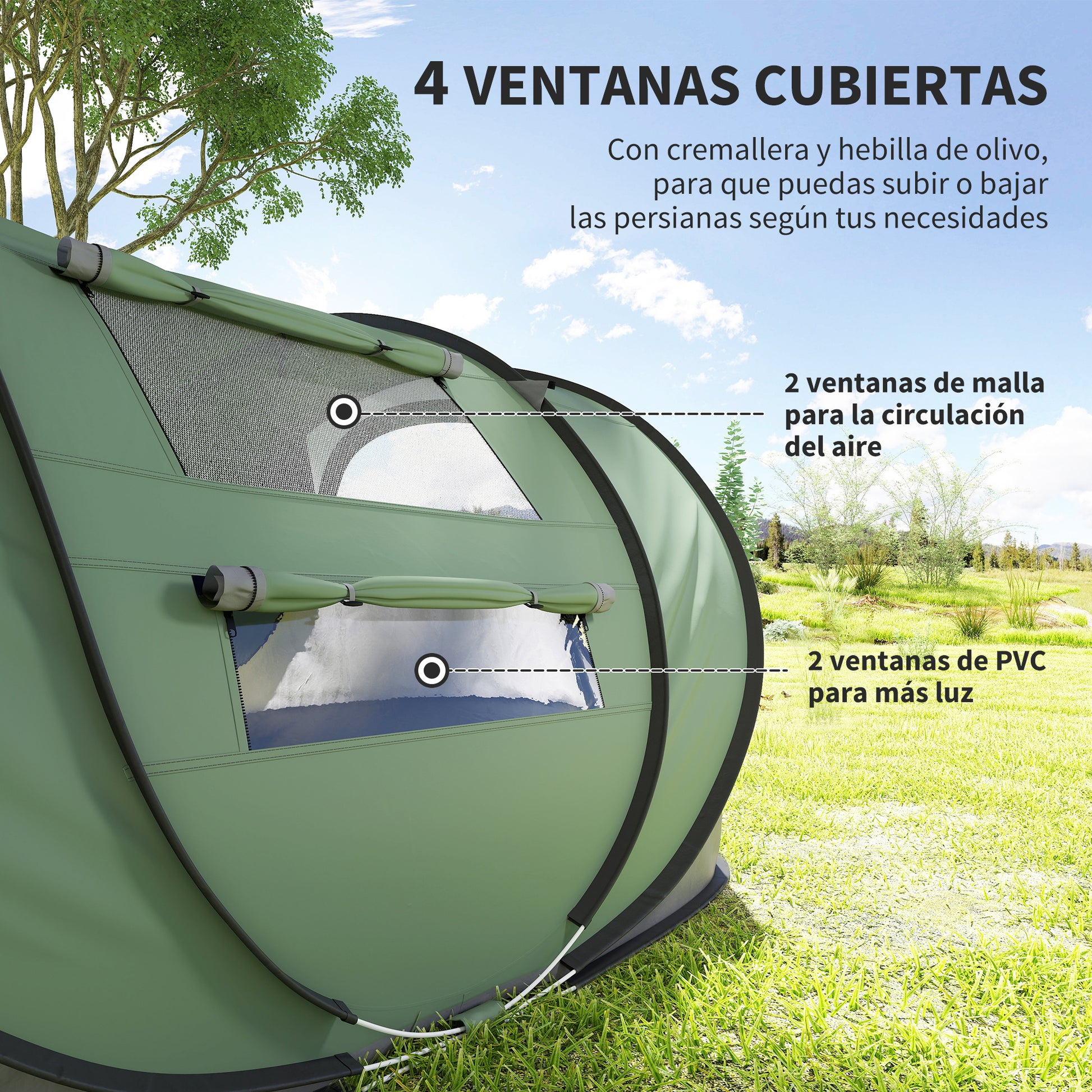 4-5 Person Pop Up Camping Tent Instant Tent with Windows Pockets and Waterproof UV-Resistant Carrying Bag 263.5x220x123 cm Green and Gray