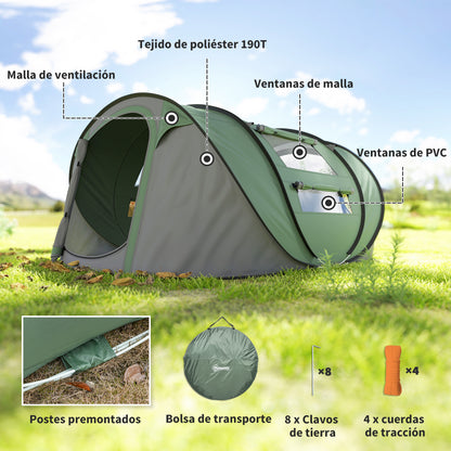 4-5 Person Pop Up Camping Tent Instant Tent with Windows Pockets and Waterproof UV-Resistant Carrying Bag 263.5x220x123 cm Green and Gray