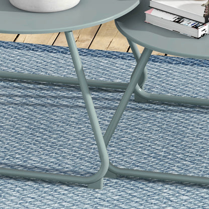 Set of 2 Stackable Garden Tables Round Metal Outdoor Side Tables with Blue Epoxy Anticorrosive Coating for Balcony Terrace Patio Blue