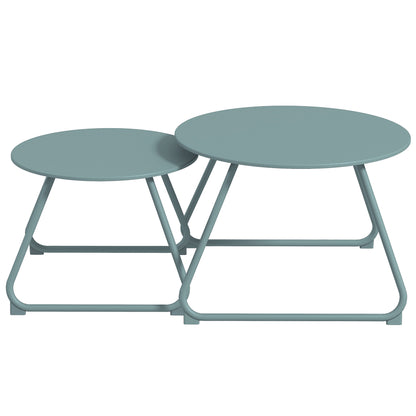 Set of 2 Stackable Garden Tables Round Metal Outdoor Side Tables with Blue Epoxy Anticorrosive Coating for Balcony Terrace Patio Blue