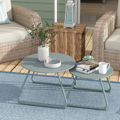 Set of 2 Stackable Garden Tables Round Metal Outdoor Side Tables with Blue Epoxy Anticorrosive Coating for Balcony Terrace Patio Blue
