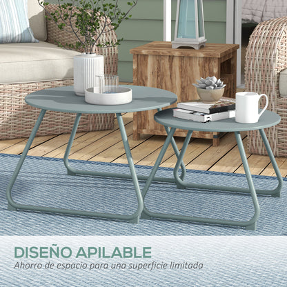 Set of 2 Stackable Garden Tables Round Metal Outdoor Side Tables with Blue Epoxy Anticorrosive Coating for Balcony Terrace Patio Blue