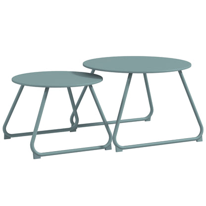 Set of 2 Stackable Garden Tables Round Metal Outdoor Side Tables with Blue Epoxy Anticorrosive Coating for Balcony Terrace Patio Blue