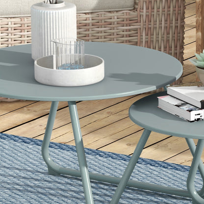 Set of 2 Stackable Garden Tables Round Metal Outdoor Side Tables with Blue Epoxy Anticorrosive Coating for Balcony Terrace Patio Blue