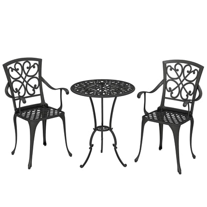 3-Piece Round Bistro Set with 2 Chairs — Die-Cast Aluminum Patio Bistro Table with Umbrella Hole, Antique-Style Black