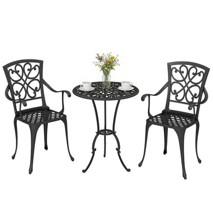 3-Piece Round Bistro Set with 2 Chairs — Die-Cast Aluminum Patio Bistro Table with Umbrella Hole, Antique-Style Black
